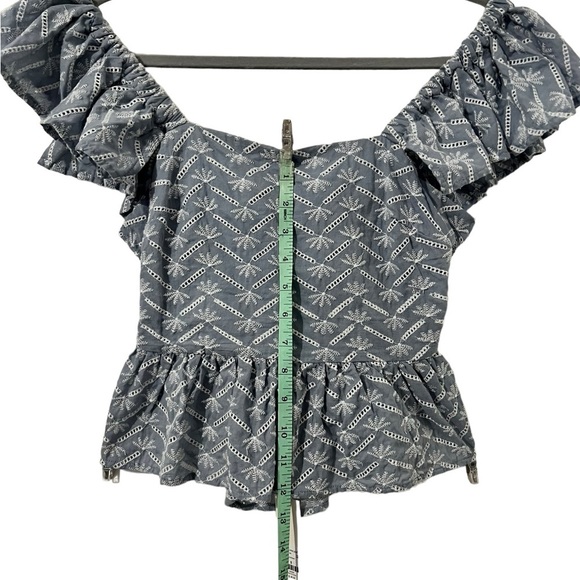 Francesca’s Crop Top. Blue with White Embroidery Flutter Sleeve Back Bow… - Picture 8 of 10